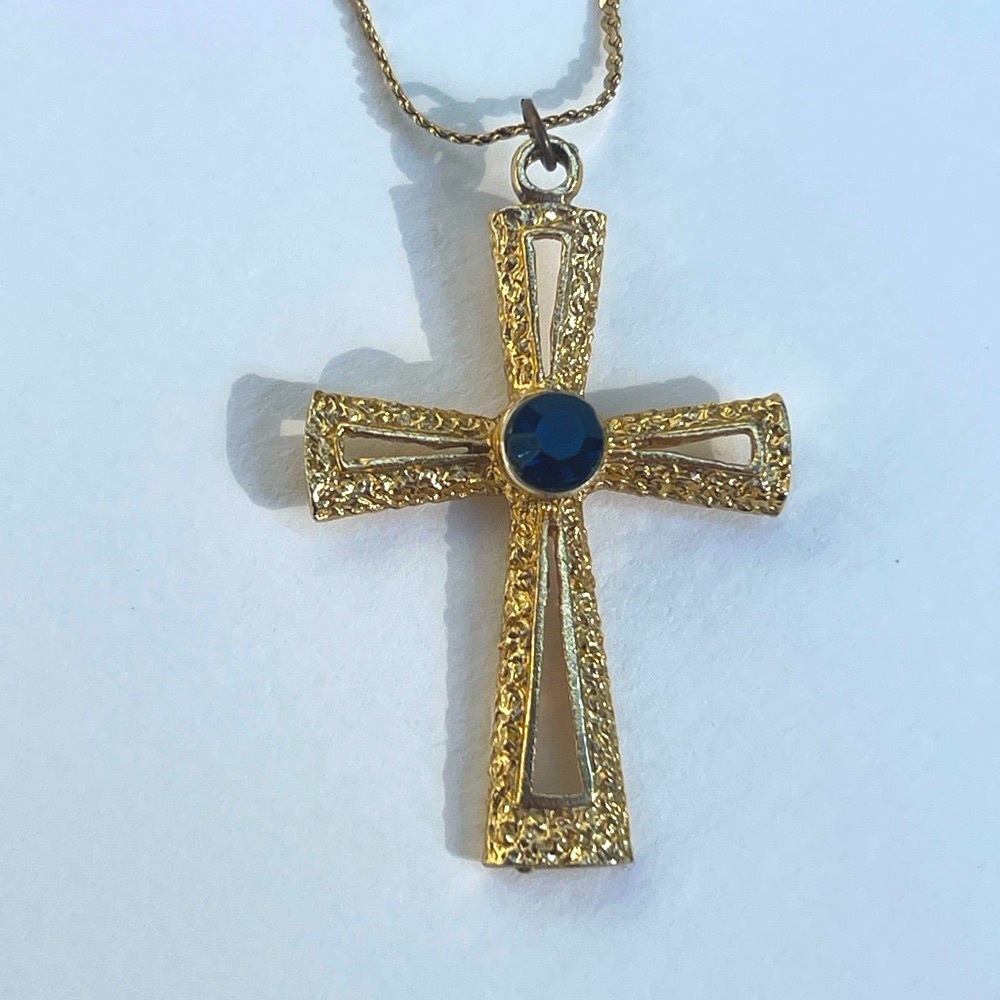 Artisan Gold Cross Necklace with Blue stone Accent